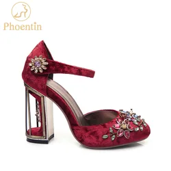 Phoentin crystal flower mary janes women pumps shoes strange high heels 10cm hook & loop handmade rhinestone wedding shoes FT028