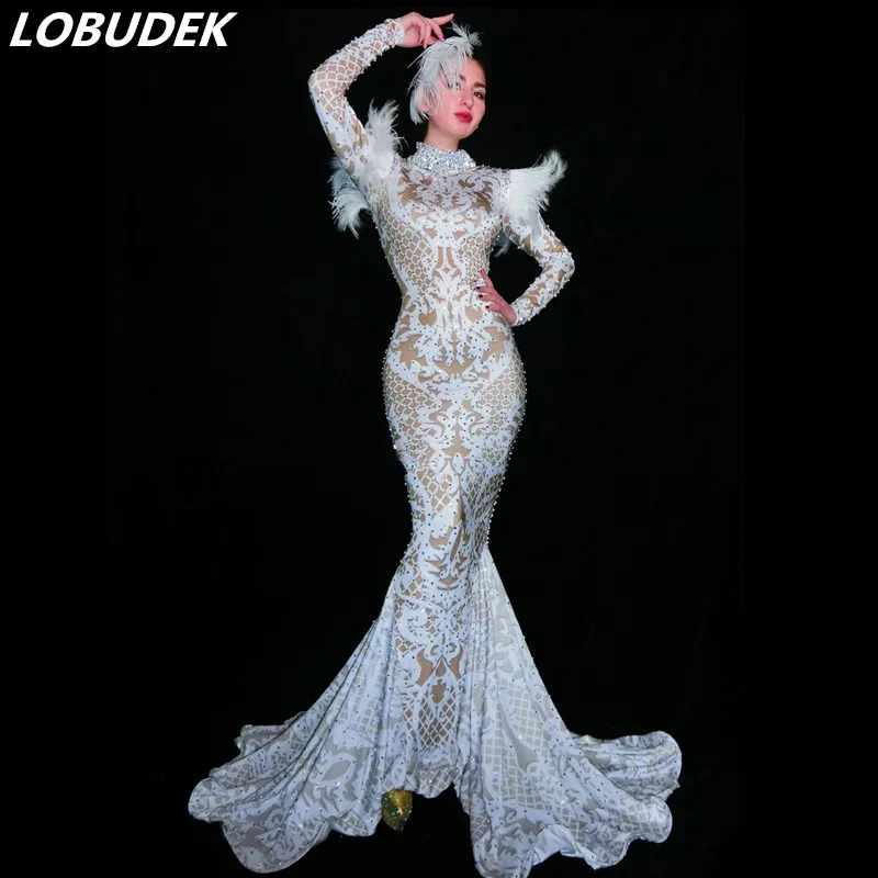 Full Rhinestones Feathers Sleeve Long Fishtail Dress Singer Vocal Concert Mermaid Dress Host Evening Performance Tailing Dresses