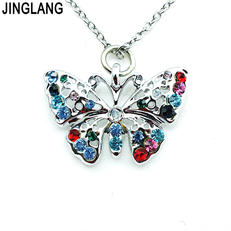 JINGLANG Free Shipping Retail Fashion Pendants Necklace Multicolor Rhinestone Butterfly Charms Necklace For Women Jewelry