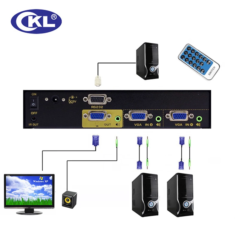 CKL-21S High-end Auto VGA Audio Switch Box 2 in 1 out Switcher 2048*1536 450MHz for PC Monitor wih IR Remote RS232 Control