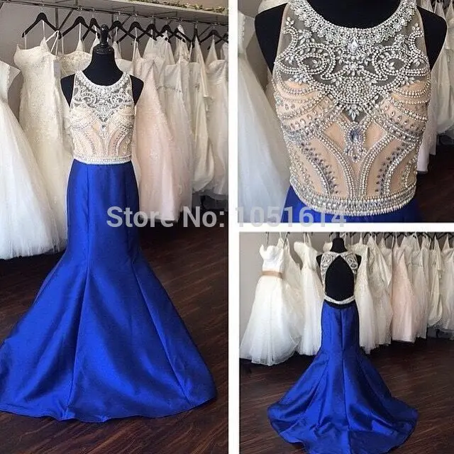 Real Sample Mermaid Summer Style Royal Blue Satin Scoop Neck Sleeveless vestido de formatura Formal Party Long Prom Dresses