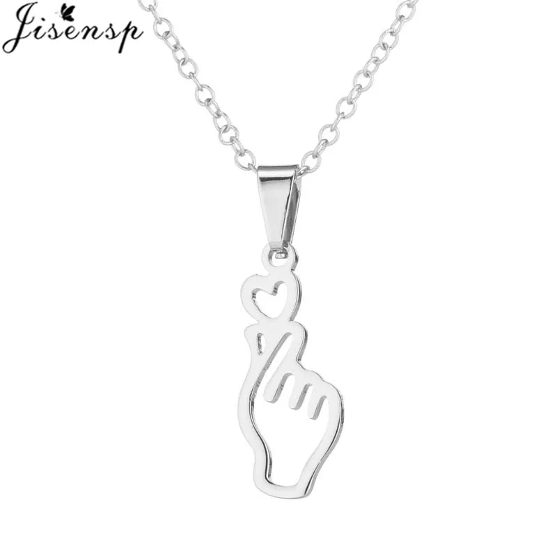 Jisensp 2019 Korean Style Fashion Finger Heart Gesture Stainless Steel Jewelry Sets Lovely Gesture Necklace Earrings for Women