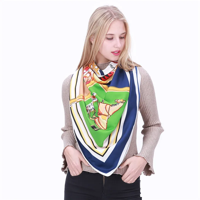 POBING Luxury Brand Twill Silk Scarf Woman Swift Horse Wraps Echarpe Square Female Big Size Shawl Hijab Neckerchief