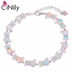 CiNily Created White Fire Opal Silver Plated Wholesale Lovely Cute Cat for Women Jewelry Gift Chain Bracelet 7.5