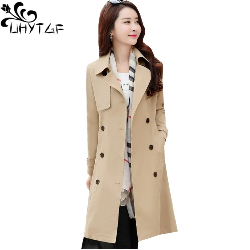 

UHYTGF Women Clothes Femme Spring Autumn Trench Coats Slim Korean Spliced 4XL Big Size Double-Breasted Long Sleeve Coats X134