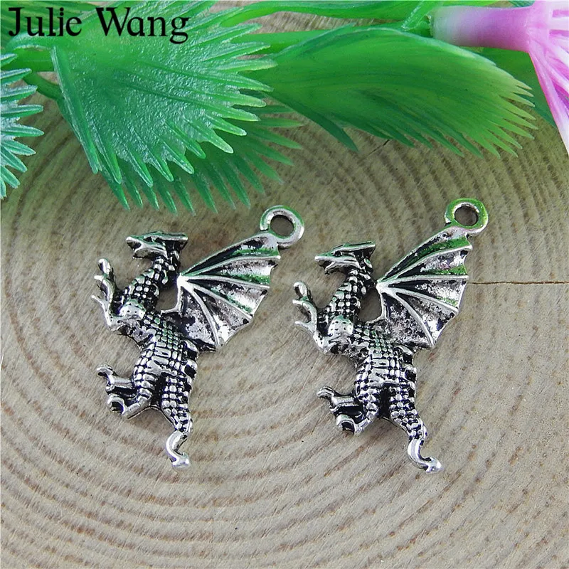 Julie Wang 20pcs Alloy Dragon Charms Antique Silver Color For Necklace Pendants Findings Jewelry Making Hanging Accessory