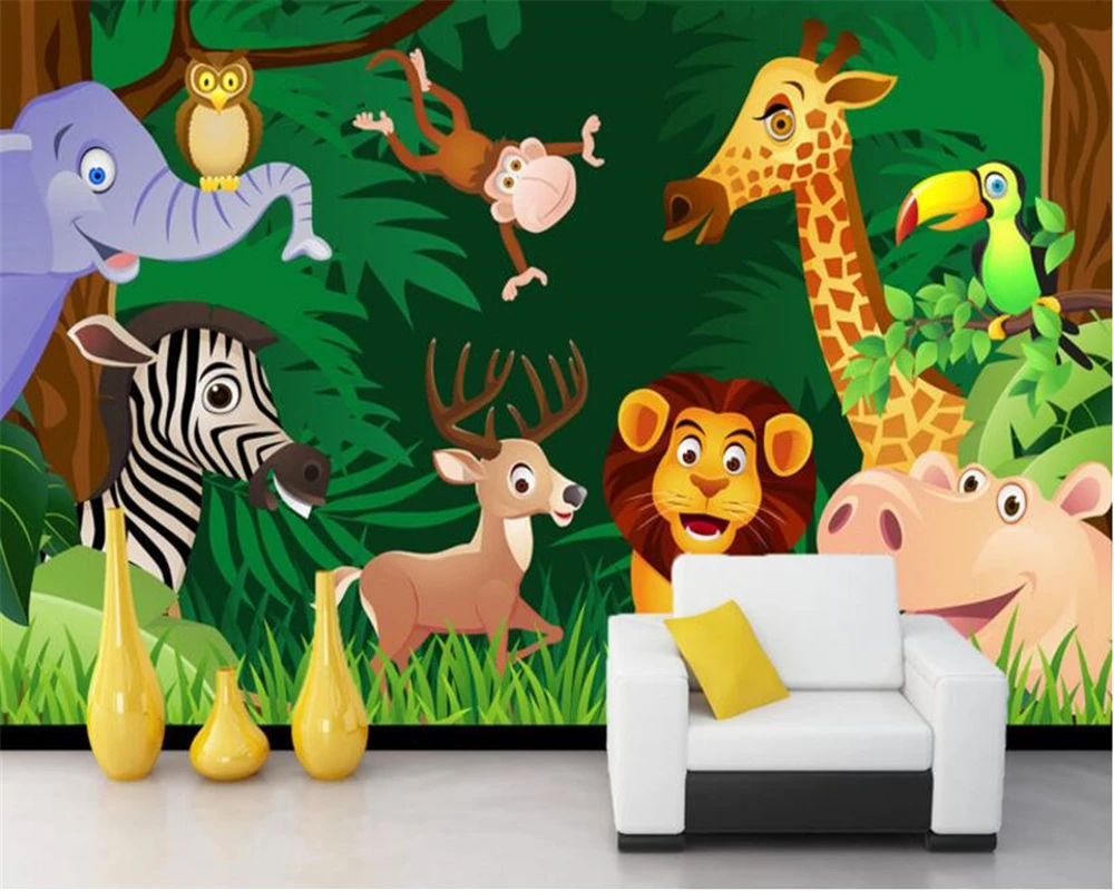 Custom 3D wallpaper cartoon forest animal lion elephant giraffe hippo monkey child room home decoration 3d wall paper