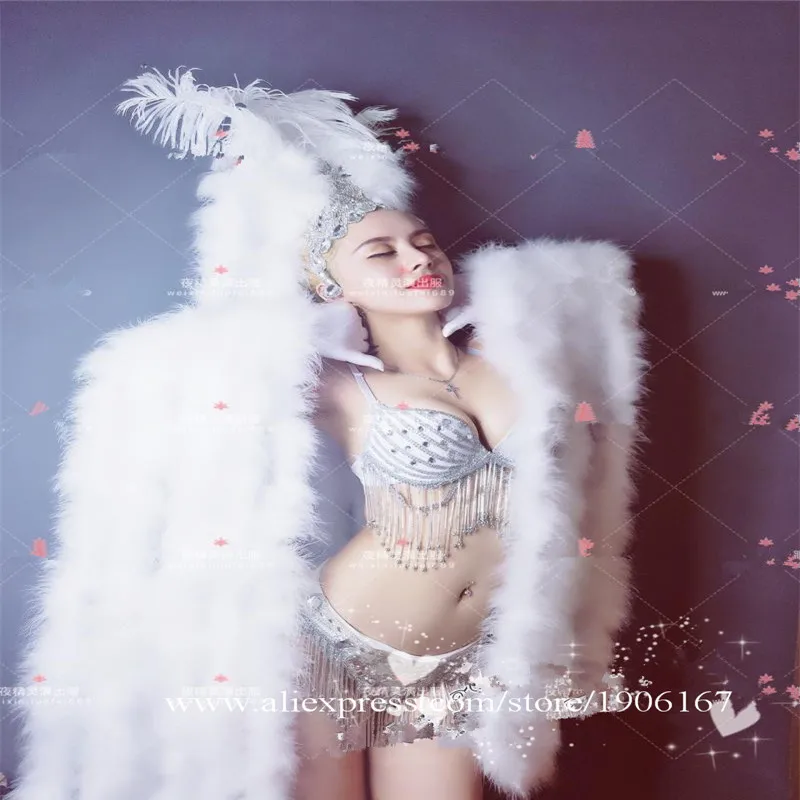 Catwalk Model Show White Bikini Suit With Feather Headdress Sexy Lady DS Costume Female Collar Dance Singer Bar DJ Night Clothes