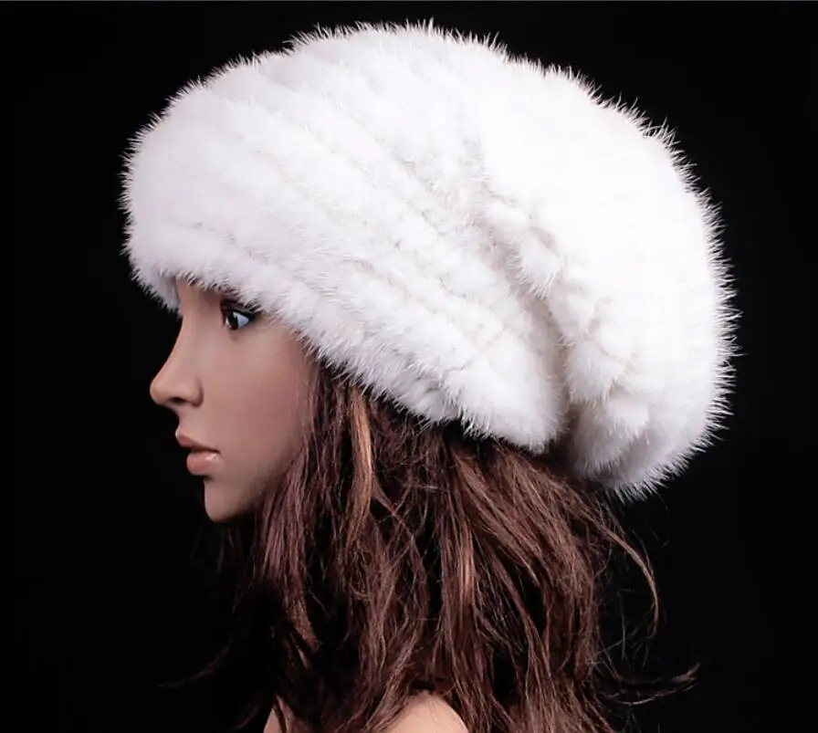 Natural mink fur baggy hat for women autumn winter white 4 colors big marten fur caps knitted fur warm hats H145