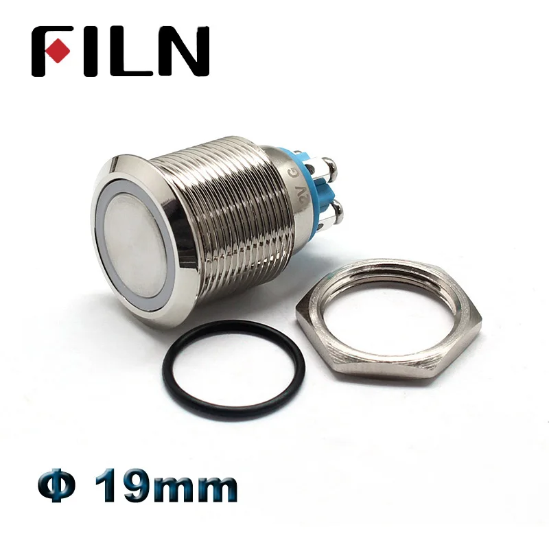 19mm 12V ring LED Flat Head Metal Push Button Switch Latching Switch pushbutton Screw Terminal Type Nickel plated brass Switch