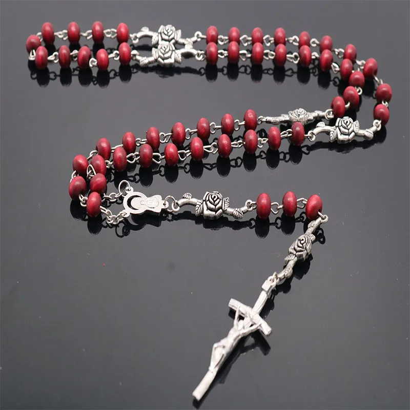 

Catholic 6mm Rose Scented Wooden Beads Beaded Rose Necklace, Jesus Cross Maria Center Rosary