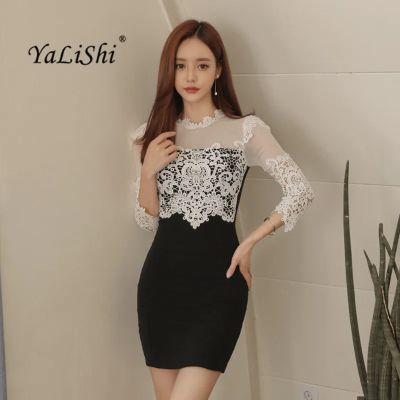 

2022 Spring Dress Women Vestidos Lace Patchwork Three-quarter Sleeve Package Hip Dresses Office Bandage Bodycon Sexy Party Dress