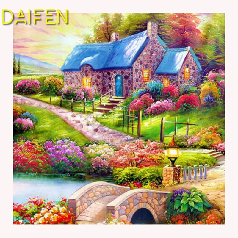 

DIY 3D Diamond mosaic Full Round Diamond painting Cross stitch Full Square Diamond embroidery river bridge flowers house garden