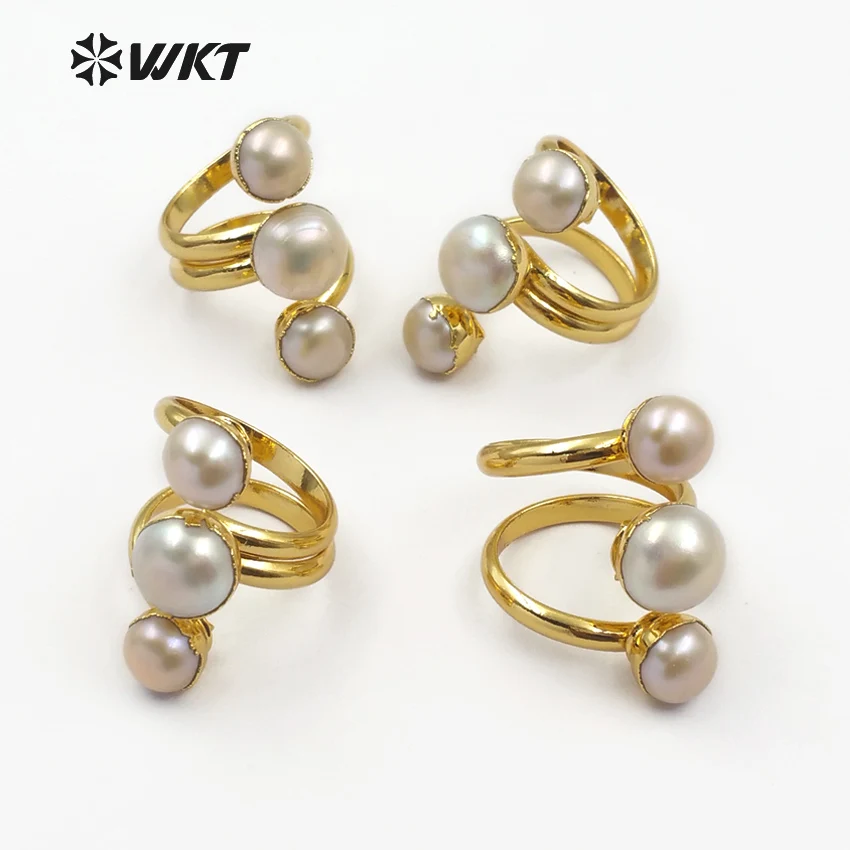 WT-R311 Amazing Design Three Random Size Freshwater Pearl Rings Smoothly Tiny Pearl With Gold Bezel Tension Mount Women Rings