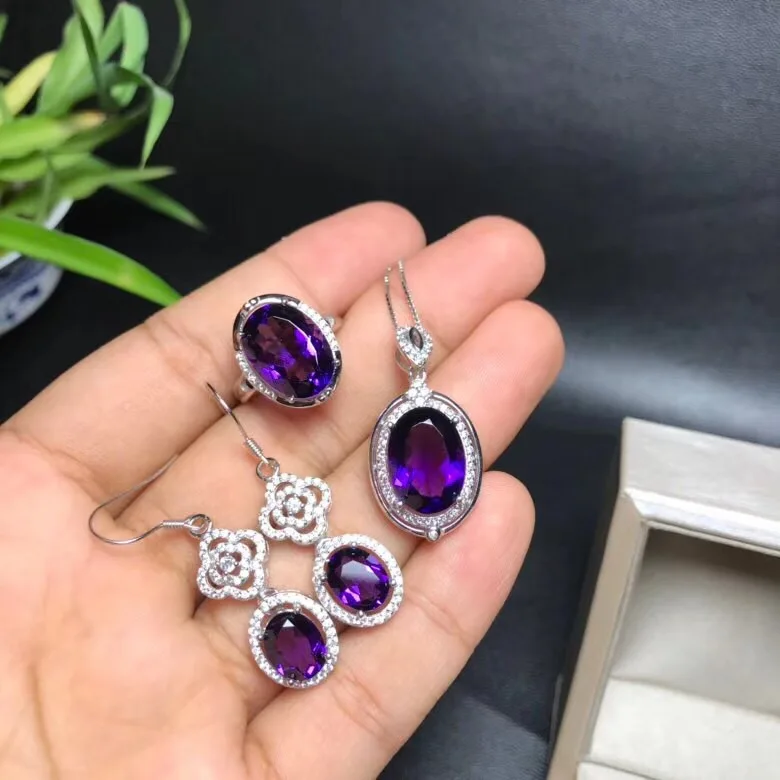 

KJJEAXCMY boutique jewels 925 sterling silver inlaid with natural amethyst hollow ring pendant earrings 3 new set of lotus