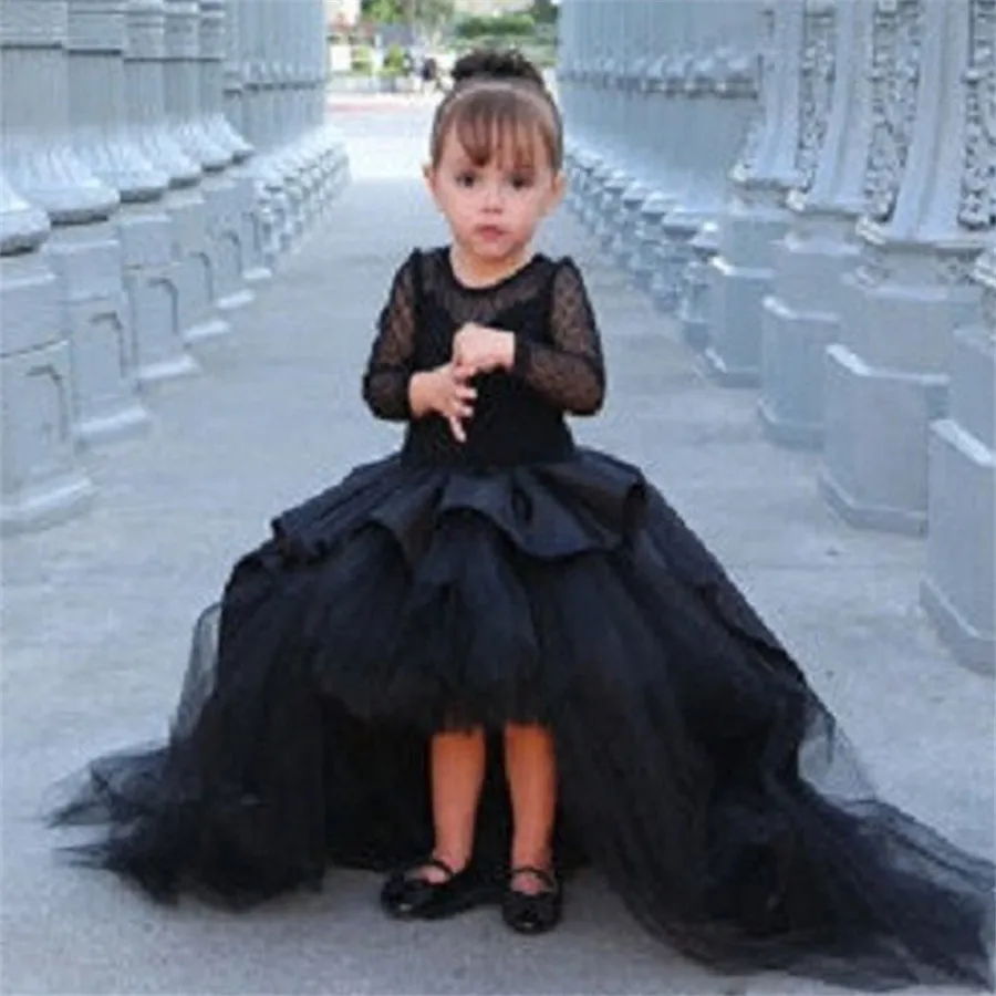 Schwarz Blume Mädchen Kleider High Low Scoop Langen Ärmeln Bodenlangen Satin Tüll Ballkleid Kleid Kinder Hochzeit Party Kleider