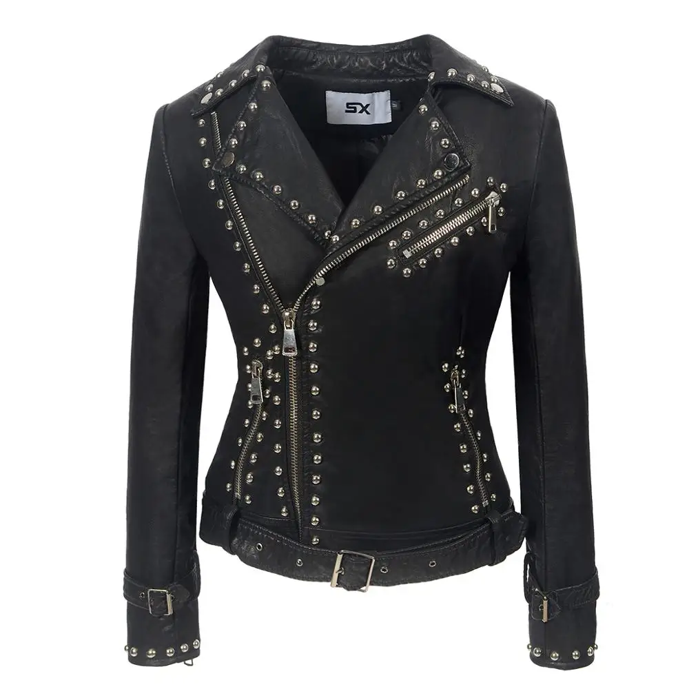 

SX Gothic PU faux leather Belt Rivet Jacket Women Autumn Winter Fashion Motorcycle Jacket Black PUNK Outerwear 2019