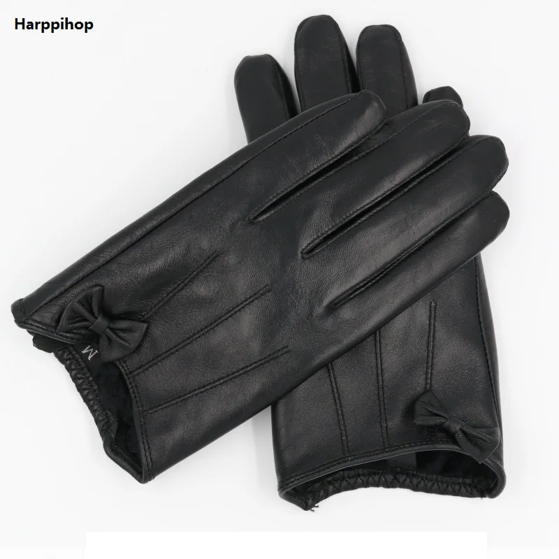 Harppihop Winter Genuine Leather Gloves Women Short Red Black Green Ladies Glove New Brand Bowknot sheepskin Mittens Guantes