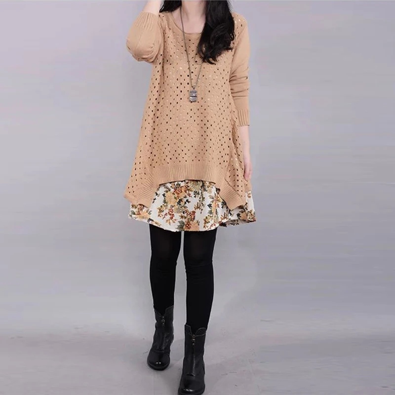 Autumn Winter Women\'s Long sleeve Knitted Floral Dress Loose Casual Party Dress