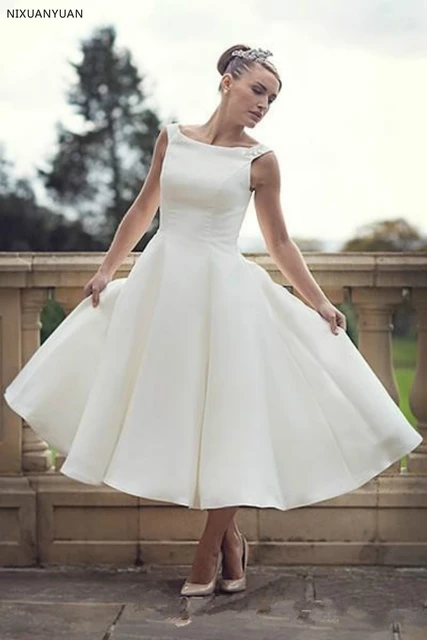 Vestidos de novia cortos de Estilo Vintage para mujer vestido de fiesta de saten con cuello redondo estilo anos 60 AliExpress