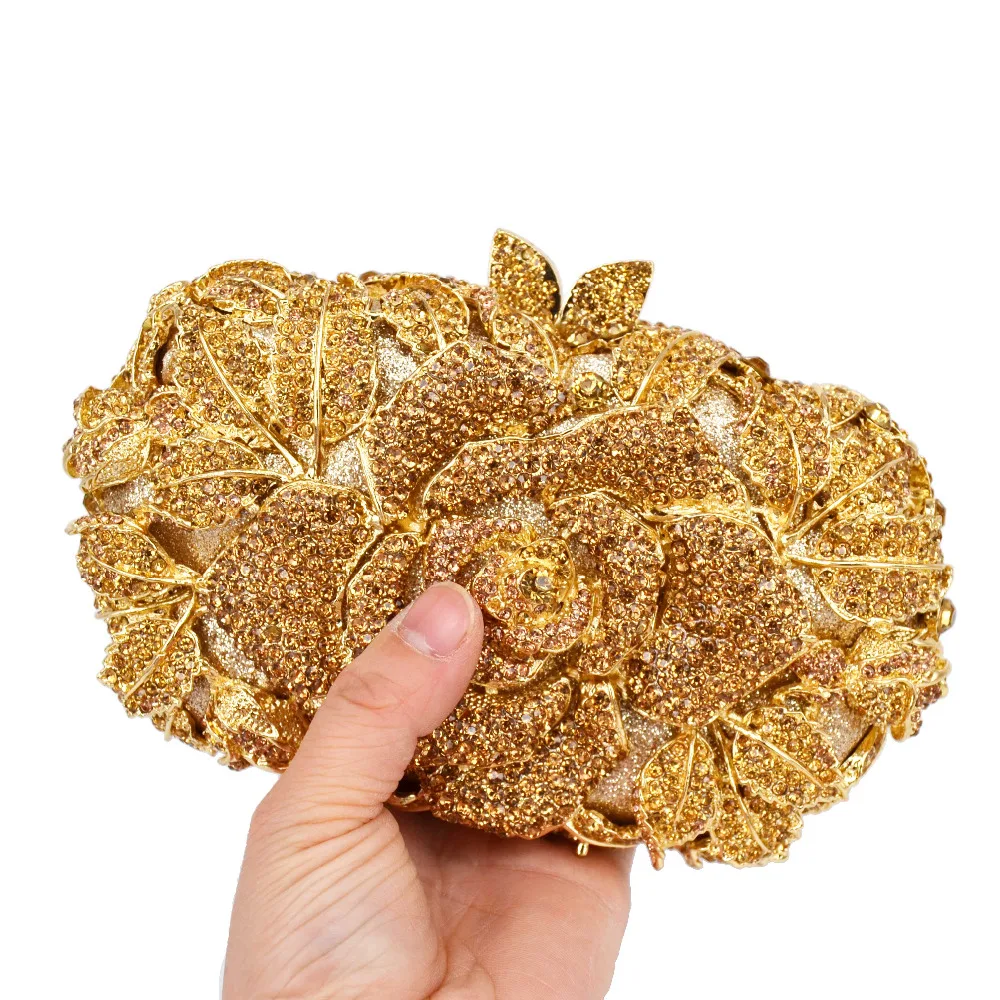 

Gold Flower Rhinestone Crystal Evening Bag Women Party Purse floral Wedding Pouch Female pochette Ladies Clutch Bags SC645