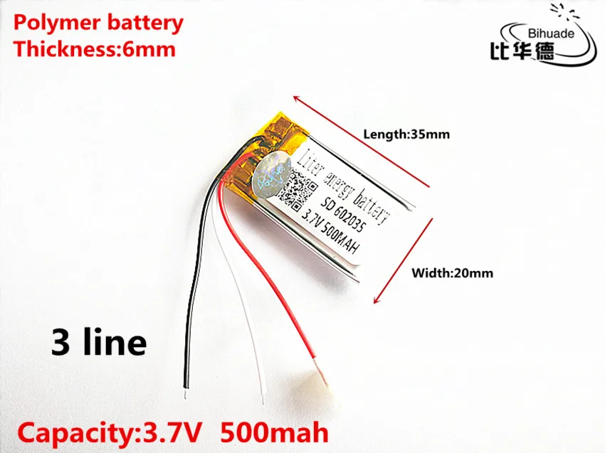 3 line Good Qulity 3.7V,500mAH,602035 Polymer lithium ion / Li-ion battery for TOY,POWER BANK,GPS,mp3,mp4