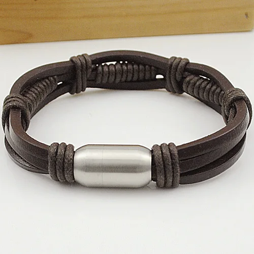 Dolaime Brown Fashion Leather Rope Bracelet Men Handmade Bangle Stainless Steel Wristband Wedding Anniversary Party Jewelry Gift