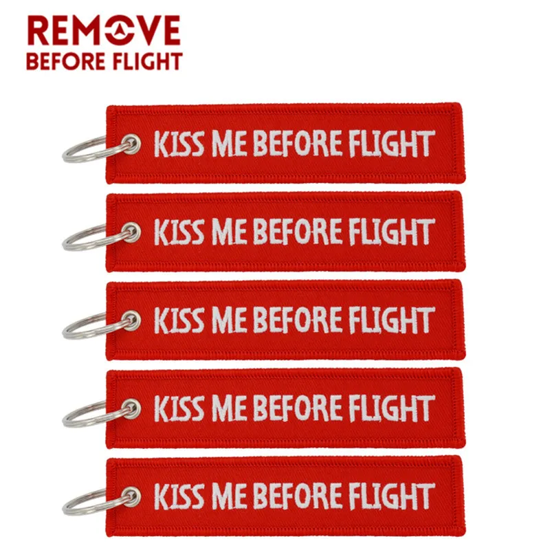 

5PCS/LOT Kiss Me Before Flight Key Chain Label Red Embroidery Key Ring Luggage Tag chaveiro for Aviation Gift Keychain Women Man