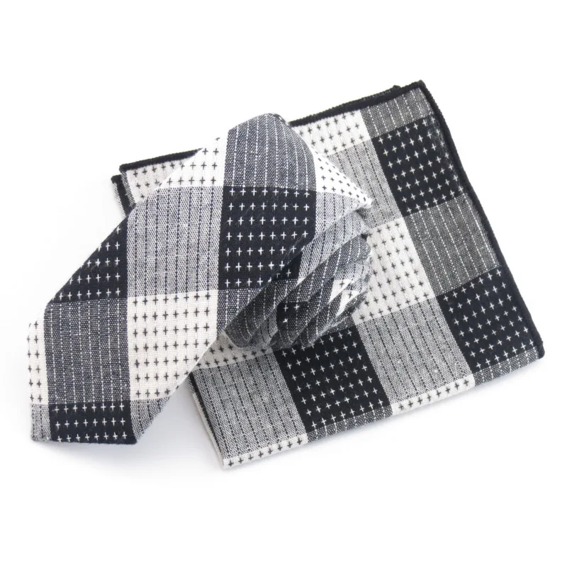 Men's black white Plaid Ties Bowtie 100% cotton Tie Set Handkerchief Suit For Men meeting Party Accessories Cravata  star point