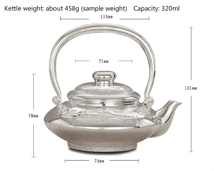 S999 sterling silver teapot Chinese Kung Fu tea set Pu'er sterling silver teapot coffee silver pot convenient office teapot