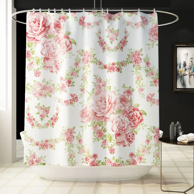 4pcs/set Rural Rose Printing Shower Curtain Pedestal Rug Lid Toilet Cover Mat Bath Mat Set Bathroom Curtains with 12 Hooks