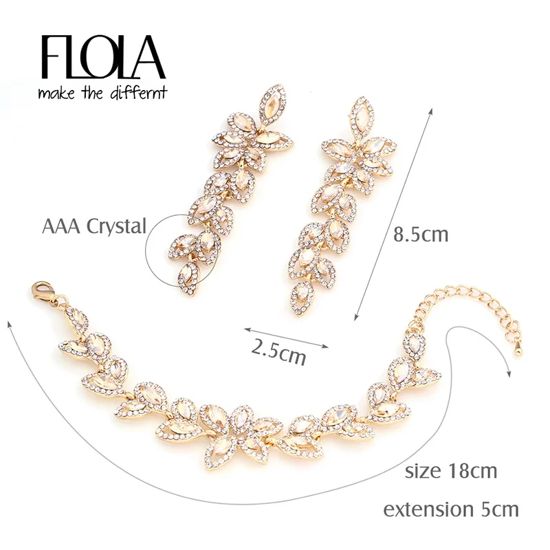 FLOLA Gold Silver Color Crystal Bridal Jewelry Sets Leaves Shape Bridal Bracelet Earrings Wedding Jewelry Sets for Women brta02