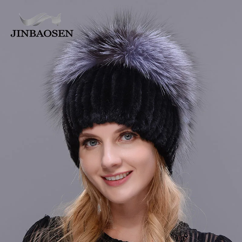 JINBAOSEN Woman Winter Travel Fashion Fur Hat Real Mink Fur Silver Fox Fur Hat Wool Knit Liner Ski Hat Handmade Free Send