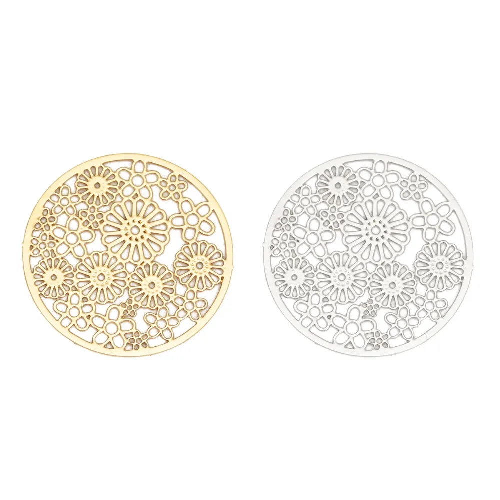 

DoreenBeads Fashion Iron Based Alloy Filigree Stamping Connectors Round Silver Color Gold Flower DIY Charms 23mm Dia, 10 PCs