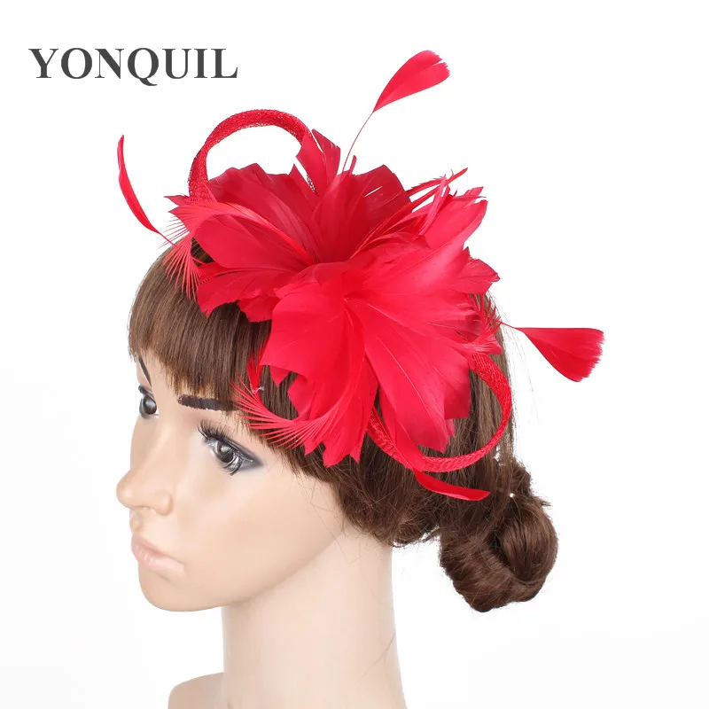 Women Sinamay Fancy Fascinator Yellow Headwear Wedding Mesh Feather Flower Party Show Lady Hair Accessories Headbands MYQ067