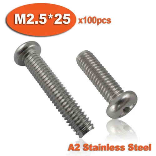 

100pcs DIN7985 M2.5 x 25 A2 Stainless Steel Pan Head Phillips Screw Cross Recessed Raised Cheese Head Screws