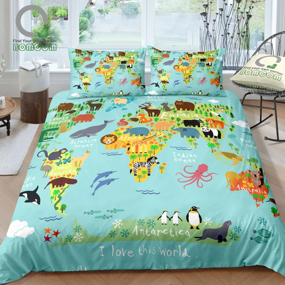 BOMCOM 3D Digital Printing Map of the World with Cartoon Animals for Kids World with Animals Duvet Cover Sets 100% Microfiber