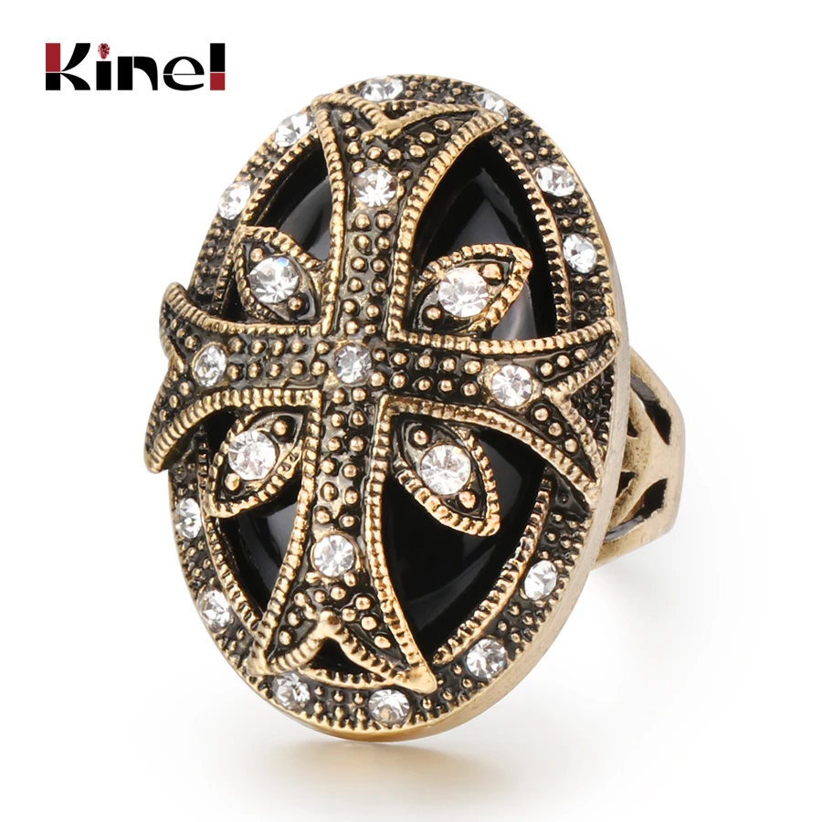 Kinel Hot Cross Ring For Women Fashion Antique Gold Crystal Rings Vintage Jewelry