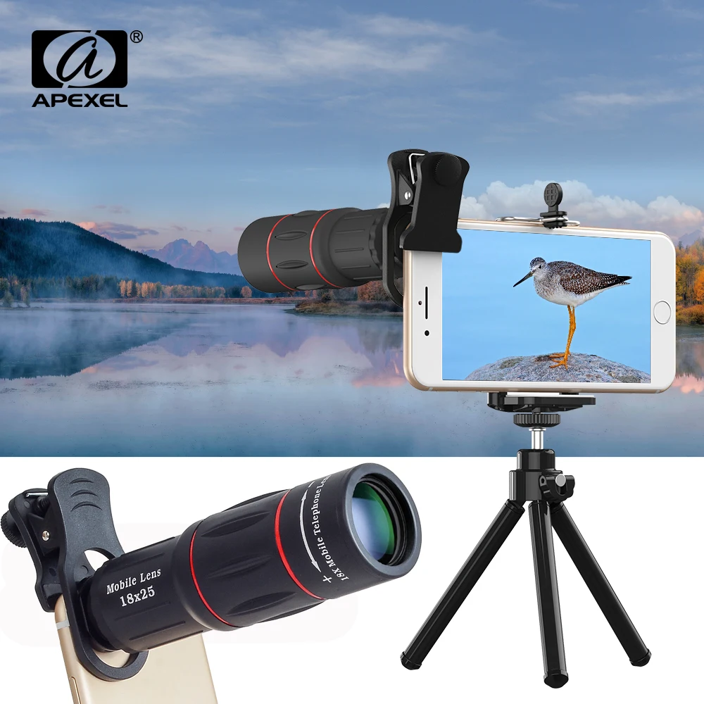 APEXEL 18X25 Zoom Monocular Telescope Lens Mobile Phone Lens with Tripod for iPhone Samsung Telephoto Outdoor Camping Tourism