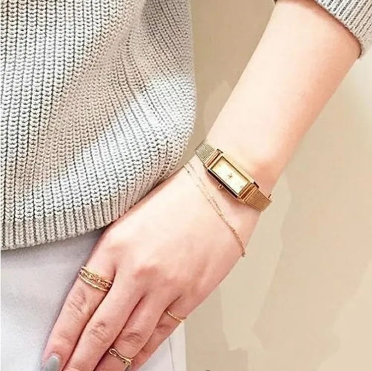 Japanese Style Watch Female Retro Rectangular Full Zircon Dial Lady fashion Watch Steel Watchband Small Golden Quartz Watch