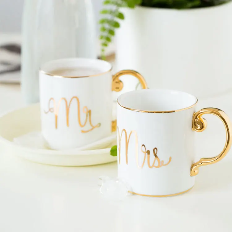 Ouro Senhor e Senhora Porcelana Diamante Canecas, Caneca De Café, Chá E Leite Copos De Cerâmica, Presente De Casamento De Luxo