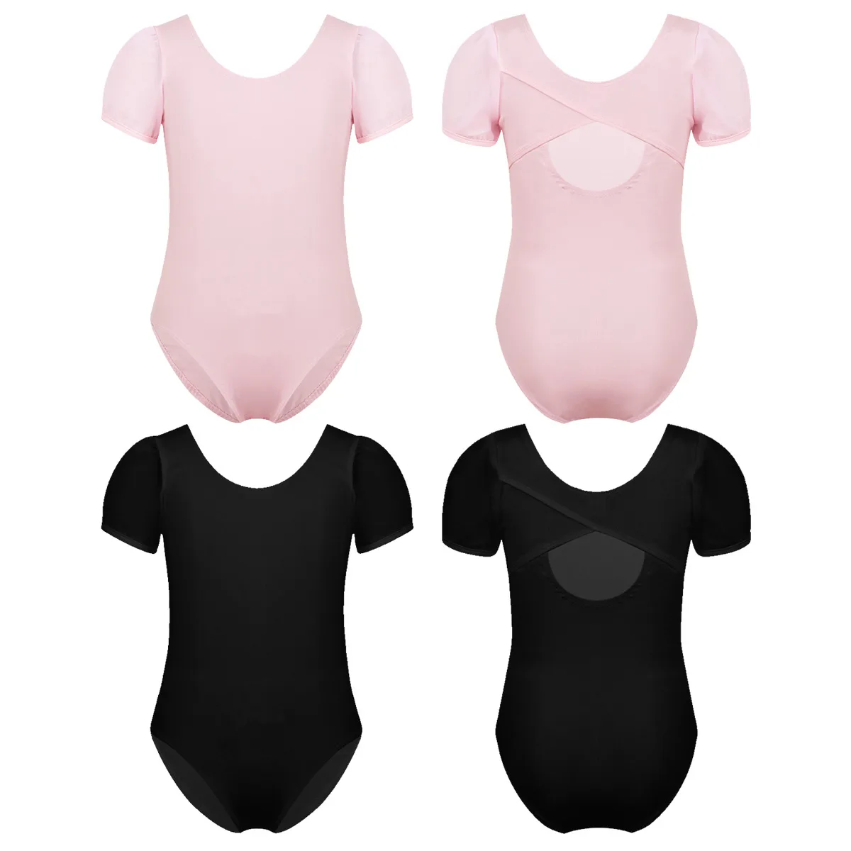 TiaoBug Kids Pink/Black Ballet Gymnastics Leotard Girls Chiffon Short Sleeve Cutout Back Gym Sports Bodysuit Children Dance Wear