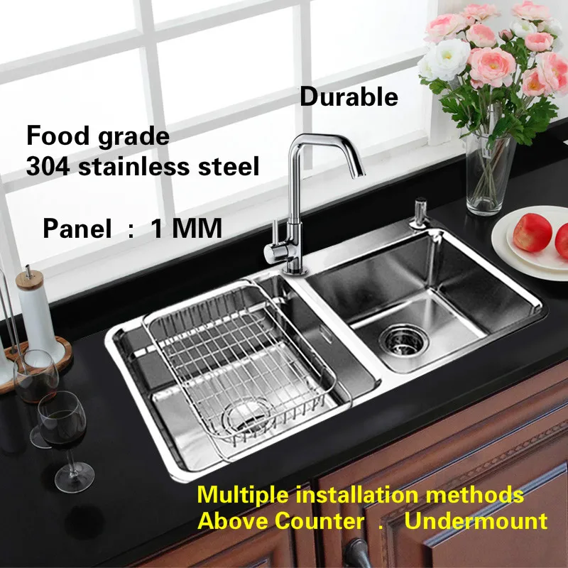 Free shipping Standard individuality big kitchen sink food grade 304 stainless steel double trough hot sell 84x47 CM