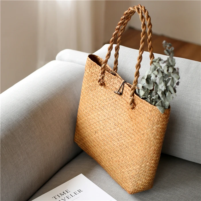 Seaweed Flower Basket Vintage Wind Hand-Woven Seaweed Handbag Sundries Storage Bag Ornament