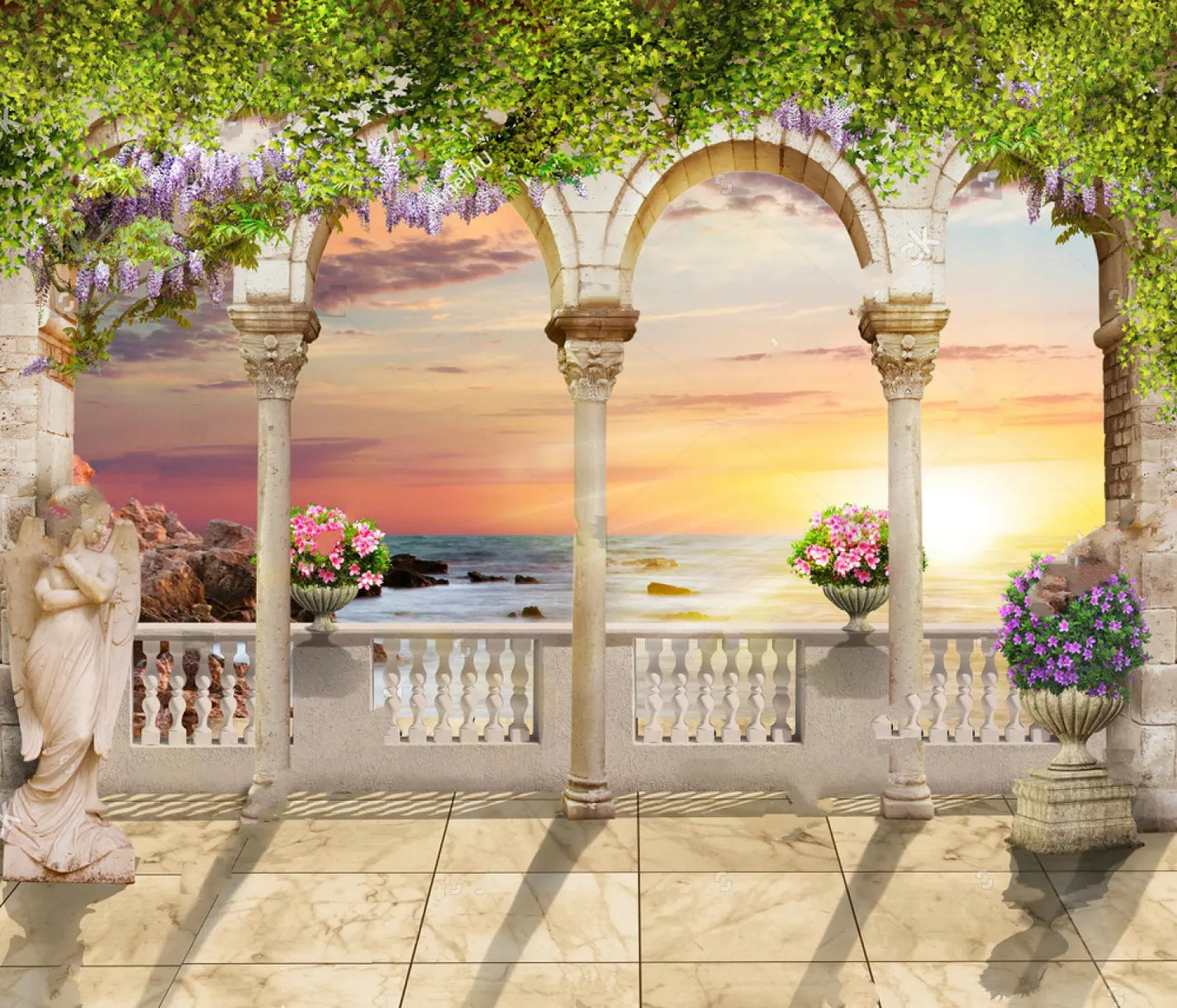 

Terrace Sea Column Fence Sunrise Mural backgrounds High quality Computer print wedding backdrops