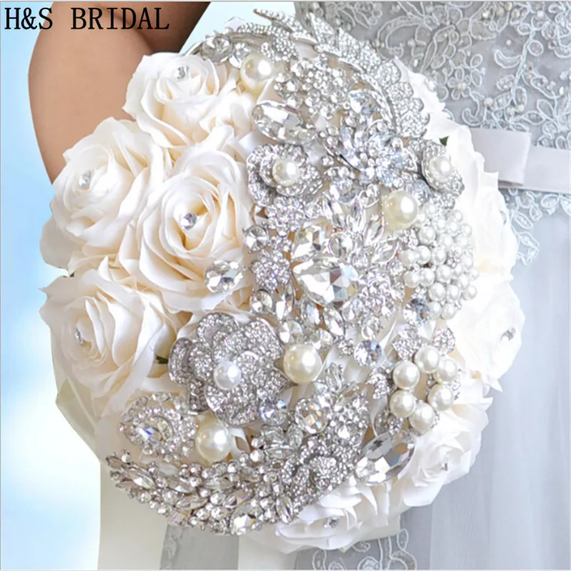 Ivory Purple Hand Made Elegant Decorative Artificial Rose Flower Rhinestone Bride Bridesmaid With Crystal Wedding Bouquet