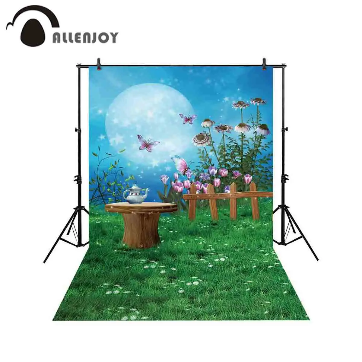 Allenjoy professional photography background  fantasy scenery wooden table tea pot fence green meadow flowers backdrop photocall