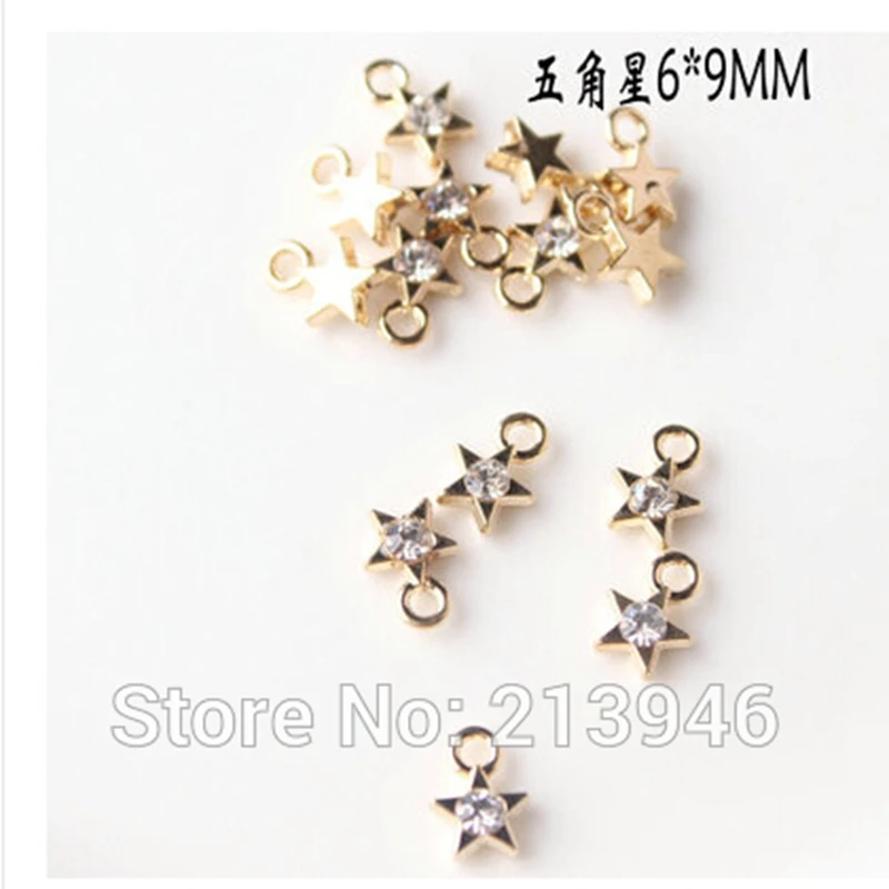 AAA 50Pcs 6*9MM Star Tone Glass Rhinestones Gold Color Alloy Jewelry Charms