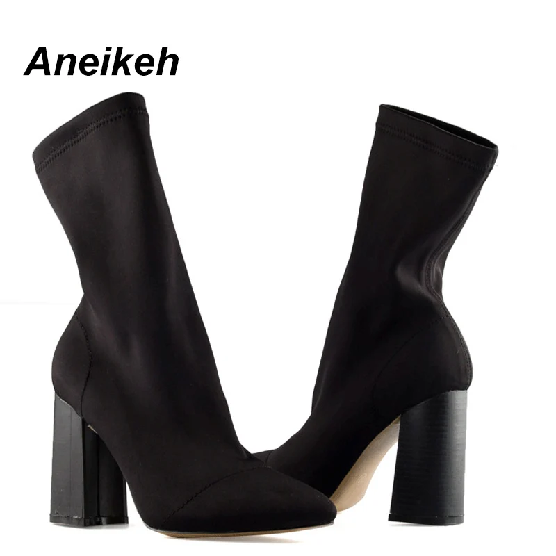 Aneikeh 2024 Spring/Autumn Elegant Stretch Fabric Socks Boots Women\'s Pointed Thick Heel Sewing Ankle Boots Party Club Zapatos