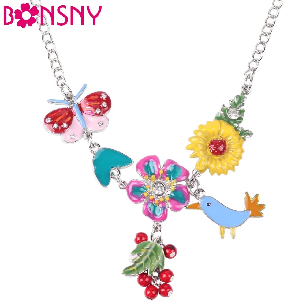 

Bonsny Statement Bird Enamel Flower Necklace Alloy Long Chain Pendants 2016 New Jewelry For Women Charm Collares Accessories